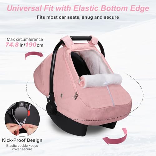 Gripooaven Winter Car Seat Cover for Baby Girl, Waterproof Infant Carseat Cover with Warm Plush Lining & Dual Zippers, Universal Carseat Cover Baby Winter Protector with Ventilation and Windproof Design (Pink) - Image 5