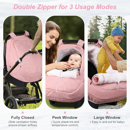 Gripooaven Winter Car Seat Cover for Baby Girl, Waterproof Infant Carseat Cover with Warm Plush Lining & Dual Zippers, Universal Carseat Cover Baby Winter Protector with Ventilation and Windproof Design (Pink) - Image 3