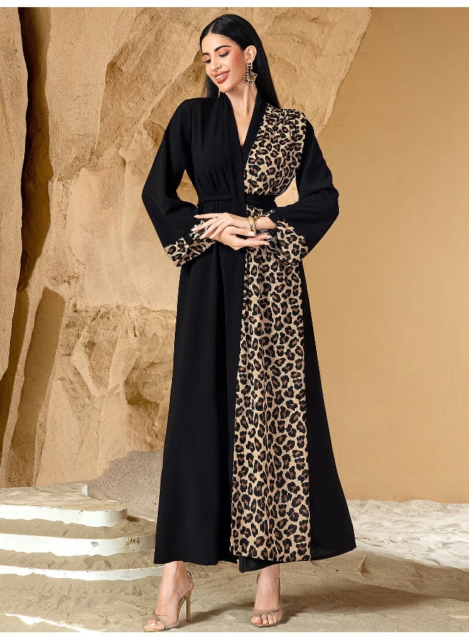 Madam Uniq Leopard Print Color-Block Long Cardigan with Waist Belt - Plus Size Women's Dress - Image 4