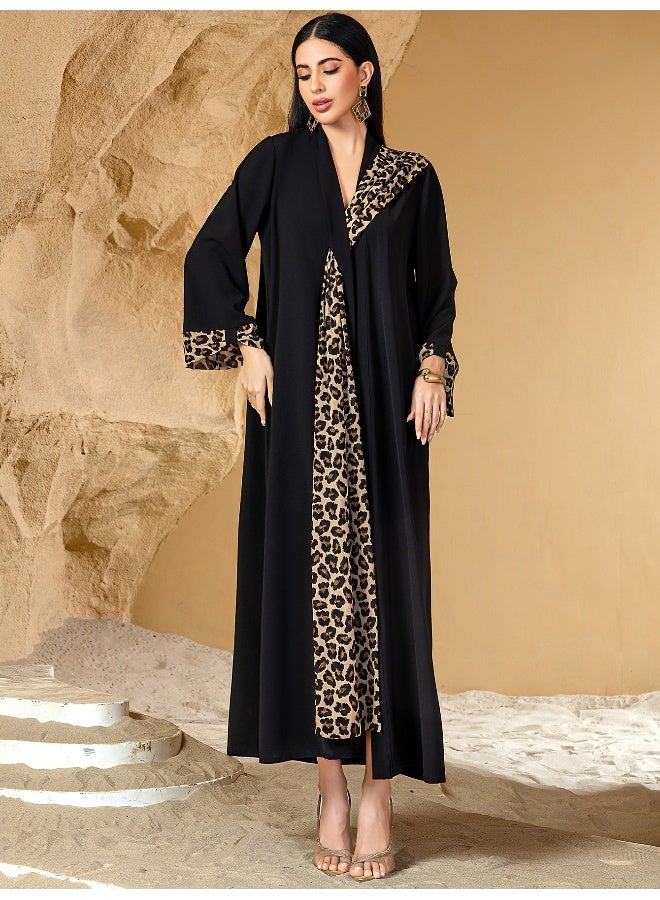 Madam Uniq Leopard Print Color-Block Long Cardigan with Waist Belt - Plus Size Women's Dress - Image 5
