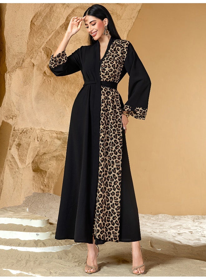 Madam Uniq Leopard Print Color-Block Long Cardigan with Waist Belt - Plus Size Women's Dress - Image 3