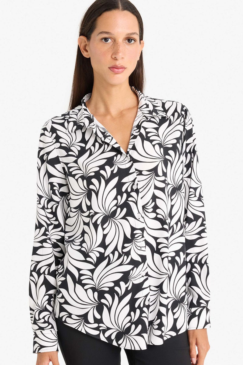 DeFacto Black Woman Regular Fit Shirt Collar Printed Long Sleeve Shirt Casual - Image 1