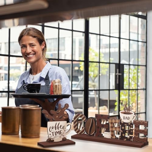 Blosssound ديكور بار القهوة بلوسساوند 6 قطع لافتة ملحقات بار القهوة أقزام ريفية مركز طاولة خشبي مزخرف لافتات طاولة للزينة المنزلية والمطبخ - Image 5