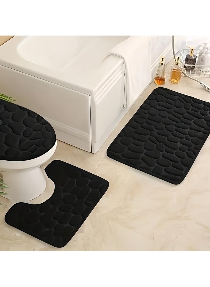 XiuWoo Bathroom Rugs Sets 3 Piece, Cobblestone Memory Foam Bathroom Mats Set Extra Thick, Non Slip Bath Mats for Bathroom, Water Absorbent, Washable Black Bath Rugs for Tub, Toilet and Floor - Image 1