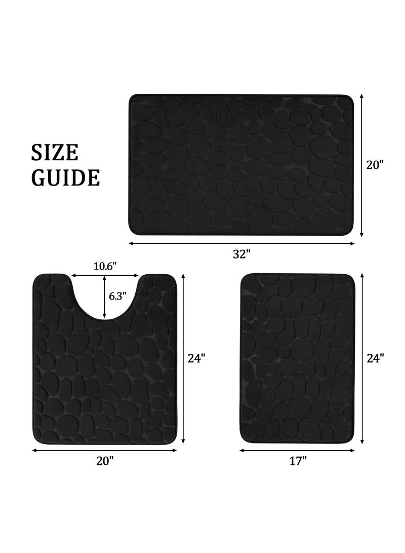 XiuWoo Bathroom Rugs Sets 3 Piece, Cobblestone Memory Foam Bathroom Mats Set Extra Thick, Non Slip Bath Mats for Bathroom, Water Absorbent, Washable Black Bath Rugs for Tub, Toilet and Floor - Image 2