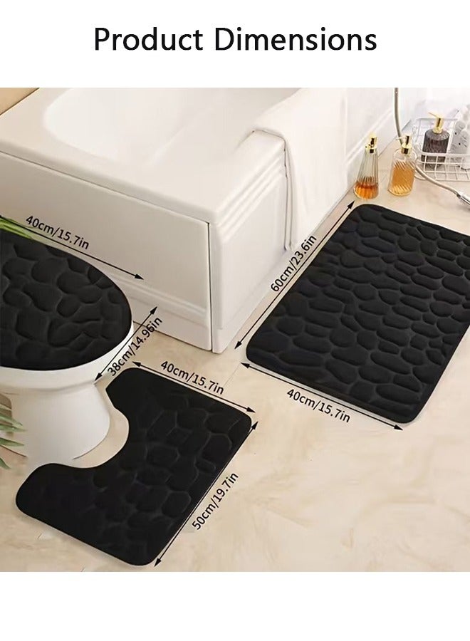 شو وو مجموعات سجاد الحمام 3 قطع ، حصاة ميموري فوم الحصى الحصير مجموعة حصائر حمام سميكة للغاية ، غير قابلة للانزلاق للحمام ، ماصة للماء ، سجاد حمام أسود قابل للغسل للحوض والمرحاض والأرضية - Image 2