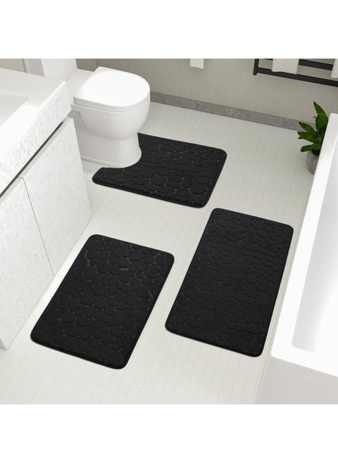 Bathroom Rugs Sets 3 Piece, Cobblestone Memory Foam Bathroom Mats Set Extra Thick, Non Slip Bath Mats for Bathroom, Water Absorbent, Washable Black Bath Rugs for Tub, Toilet and Floor