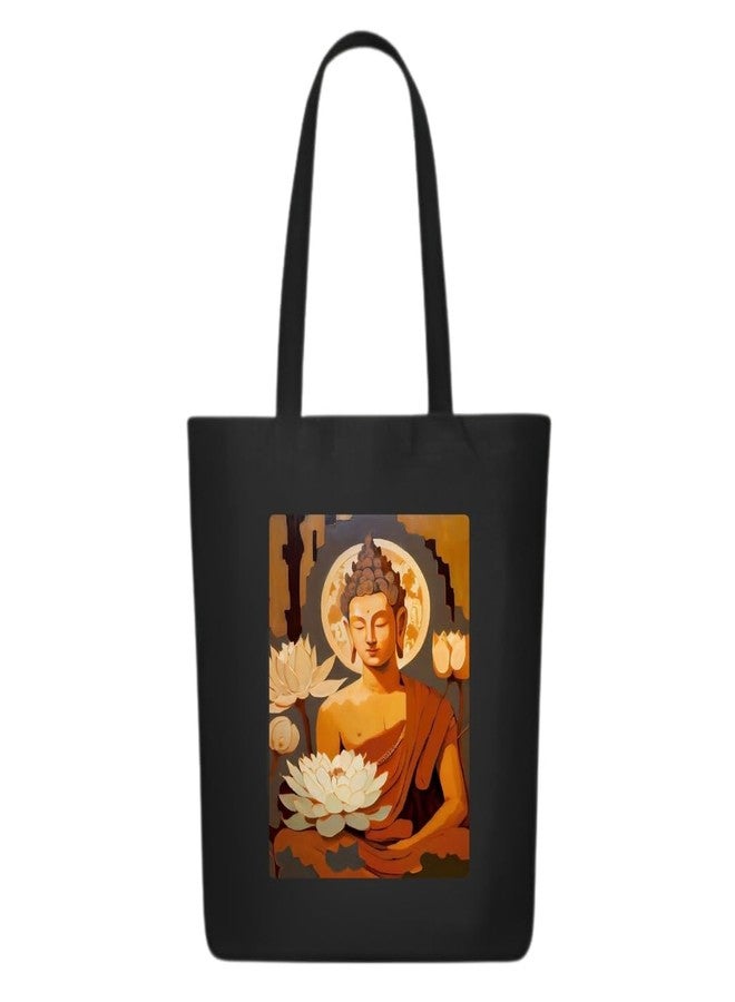 Roundsun Eco-Friendly Printed Black Canvas Vertical Tote Bag Artistic Design Collection (Black)(Buddha) - Image 1