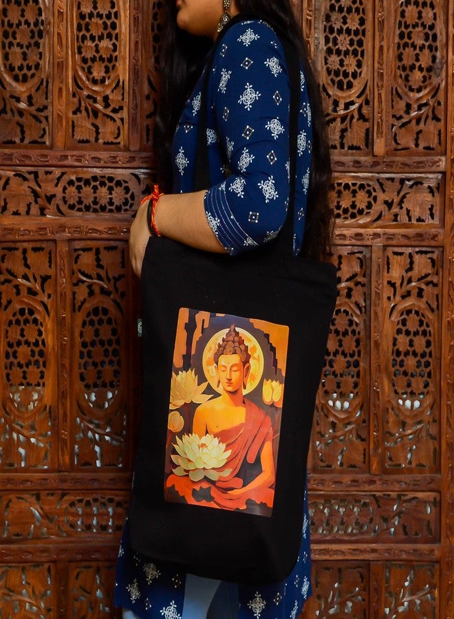 Roundsun Eco-Friendly Printed Black Canvas Vertical Tote Bag Artistic Design Collection (Black)(Buddha) - Image 3