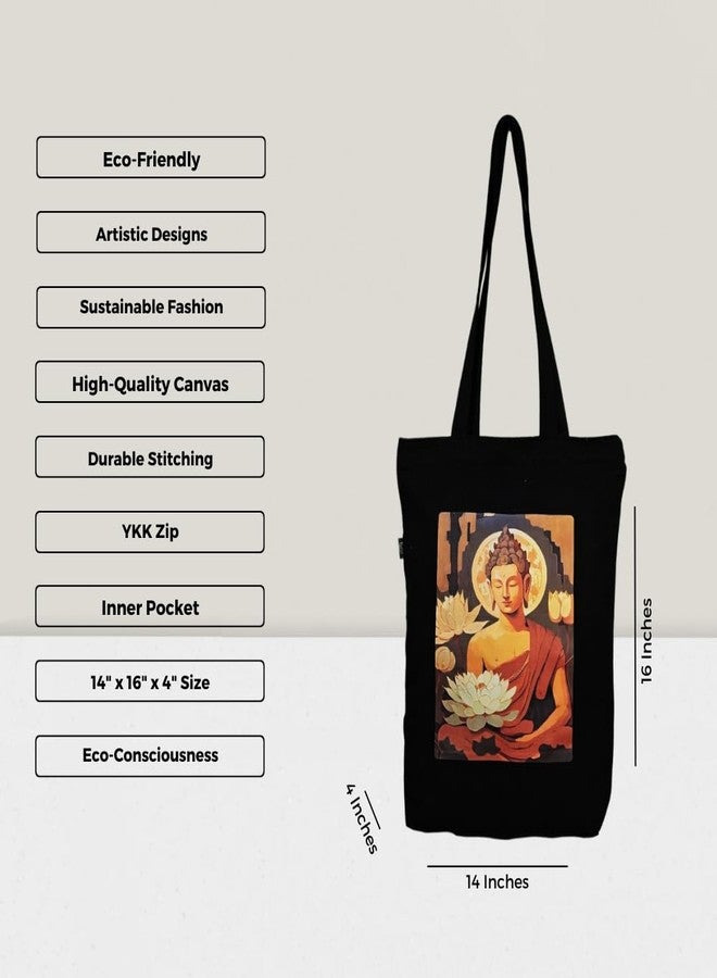 Roundsun Eco-Friendly Printed Black Canvas Vertical Tote Bag Artistic Design Collection (Black)(Buddha) - Image 5
