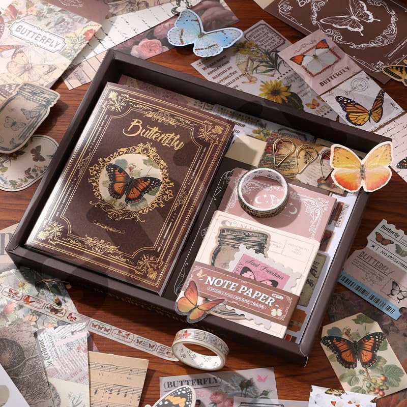 GDNK 346pcs Vintage Journal Scrapbook Pack Kit for Art Journaling Bullet, Planners DIY Paper Stickers, Craft Kits Notebook, Collage Album Aesthetic Sticker (Moonlight) (Brown Butterfly) - Image 1