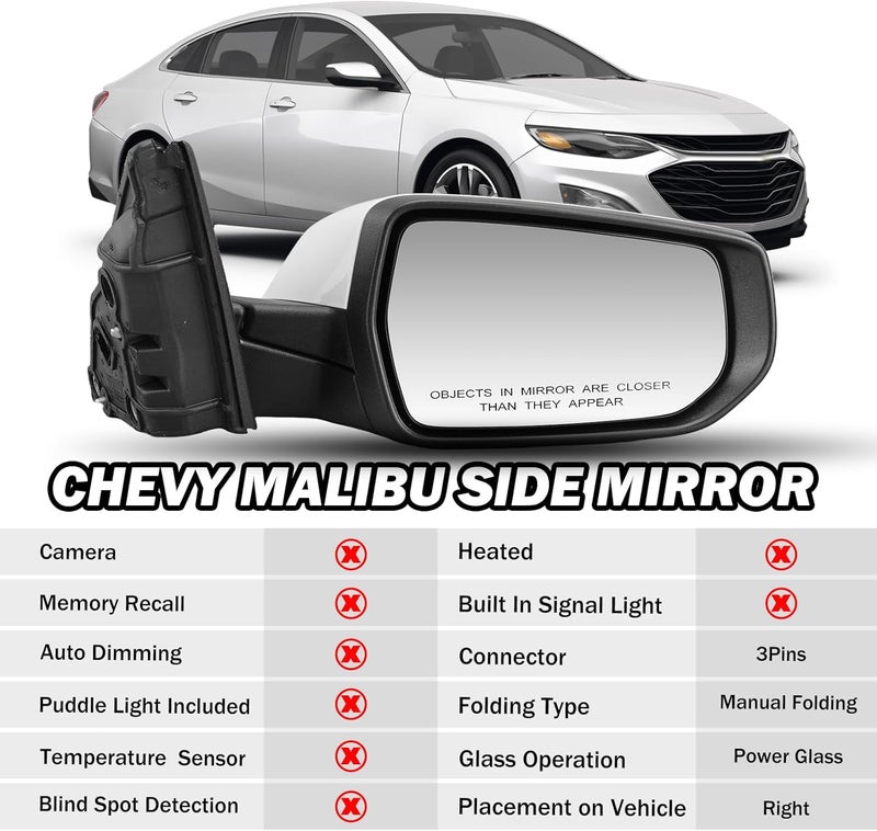 MOFOAP مرآة الرؤية الجانبية للركاب MOFOAP لسيارة شيفروليه ماليبو 2016-2022 - غير مدفأة، قابلة للطي يدويًا، يمين (بيضاء) - Image 2