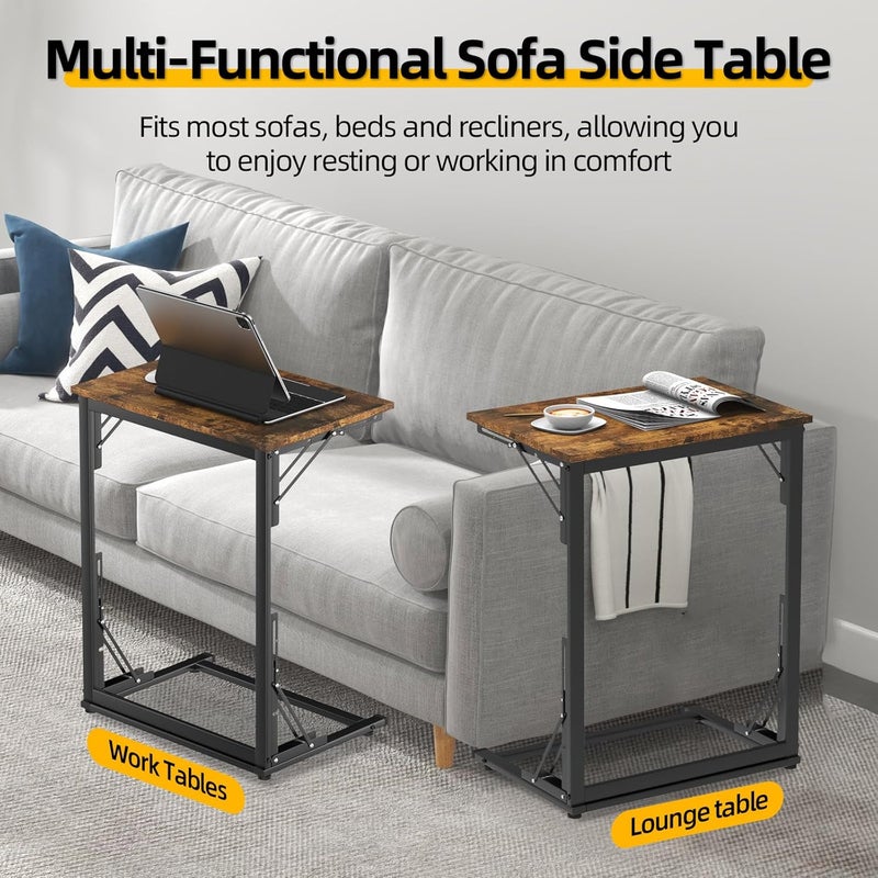 MOXYOY C-Shaped Side Table,Foldable Laptop Table,Sturdy Steel Frame Base Support,Easy to Assemble,Suitable for Living Room,Bedroom,Bathroom,Balcony, Rustic Brown - Image 2