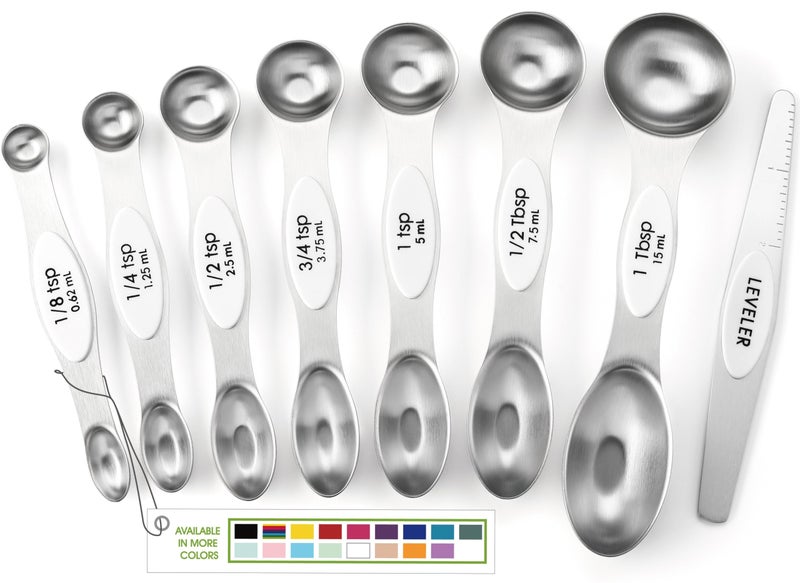 Spring Chef White Stainless Steel Magnetic Measuring Spoons Set of 8 with Leveler, Dual Sided Metal Teaspoon & Tablespoon Measuring Spoons, Fits in Spice Jars, Kitchen Gadgets for Baking & Cooking - Image 1