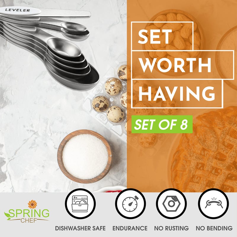 Spring Chef White Stainless Steel Magnetic Measuring Spoons Set of 8 with Leveler, Dual Sided Metal Teaspoon & Tablespoon Measuring Spoons, Fits in Spice Jars, Kitchen Gadgets for Baking & Cooking - Image 3