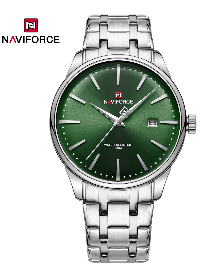 NAVIFORCE Elegant Silver Stainless Steel Analog Wrist Watch for Men with Date Display Water Resistant Classic Design Quartz Movement Stylish Business and Casual Timepiece Durable Bracelet Comfortable Wear  - Image 1