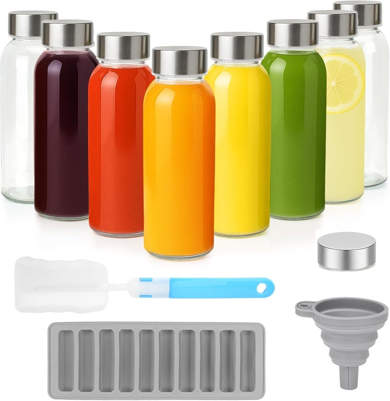 Zukro Glass Water Bottles with Lids 10.5 oz, 8 Pack Clear Reusable Glass Small Juice Bottles With Stainless Steel Cap for Juicing, Milk, Ginger Shot, BPA-Free Leak Proof 300ml Drinking Container Jar - Image 1