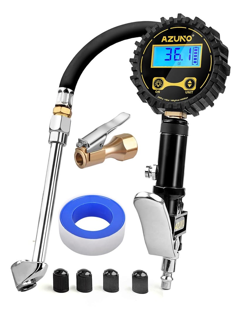 AZUNO Digital Tire Inflator with Pressure Gauge, 200 PSI, Heavy Duty Air Compressor Accessories, w/Rubber Hose Lock on Air Chuck and Quick Connect Coupler - Image 1