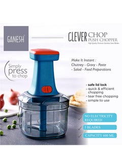 GANESH Ganesh Clever Chop Push Chopper Manual Hand Press Push Chopper with 3 Blades for Effortless Chopping Vegetables & Fruits-600ML, Multicolor  - Image 5