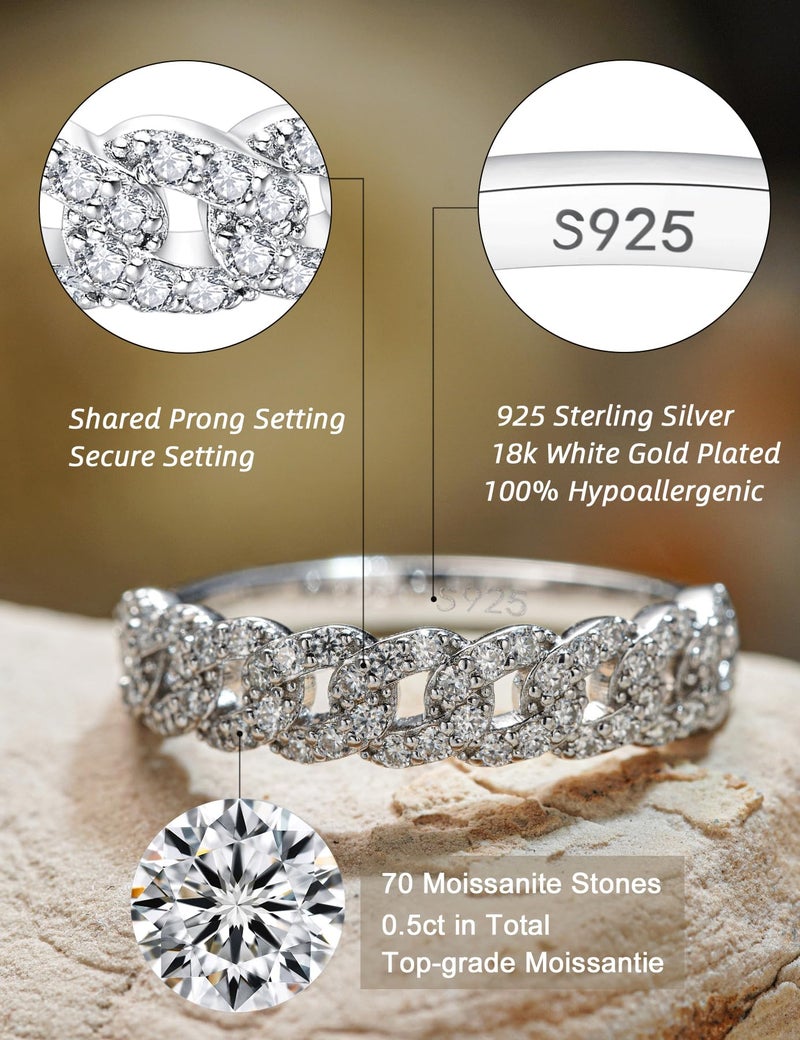 IMOLOVE Moissanite Wedding Bands for Women, Fashion Simple 0.5 Carat Stackable Chain Ring Trendy Everyday Silver Eternity Band Rings for Women with 18K White Gold Plated Size 5 - Image 2