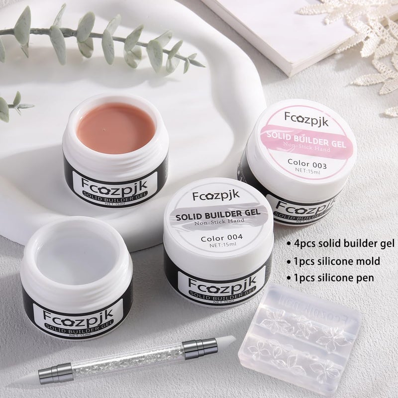 Fcozpjk Hard Gel for Nails, 4 Colors Solid Builder Gel Kit with Silicone Carving Mold Clear Pearly White Brown Nude Pink 3D Sculpting Gels Flower Charms DIY Modeling Design Nail Salon Supplies - Image 2