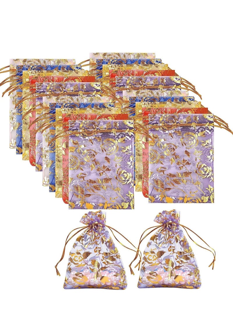 SOLARAE 50Pcs Organza Gift Bags 9 x 12 cm Multicolored Rose Flower Small Favour Jewelry Pouches with Drawstring for Wedding Baby Shower Mesh Jewellery Bag Anniversary Party - Image 1