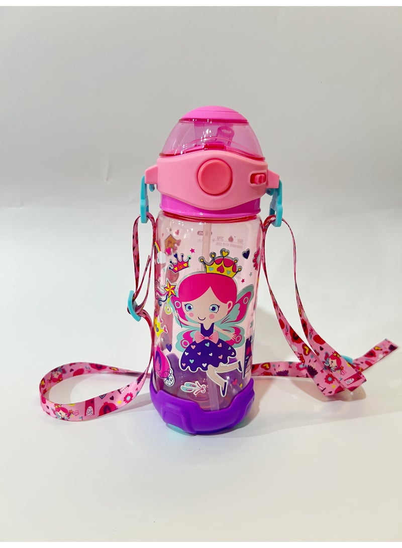 Fairy Theme Kids Water Bottle Sippy Cup with Straw, 650ML BPA-Free Leakproof Water Bottle with Adjustable Shoulder Strap, Portable Drinking Cup for Kids