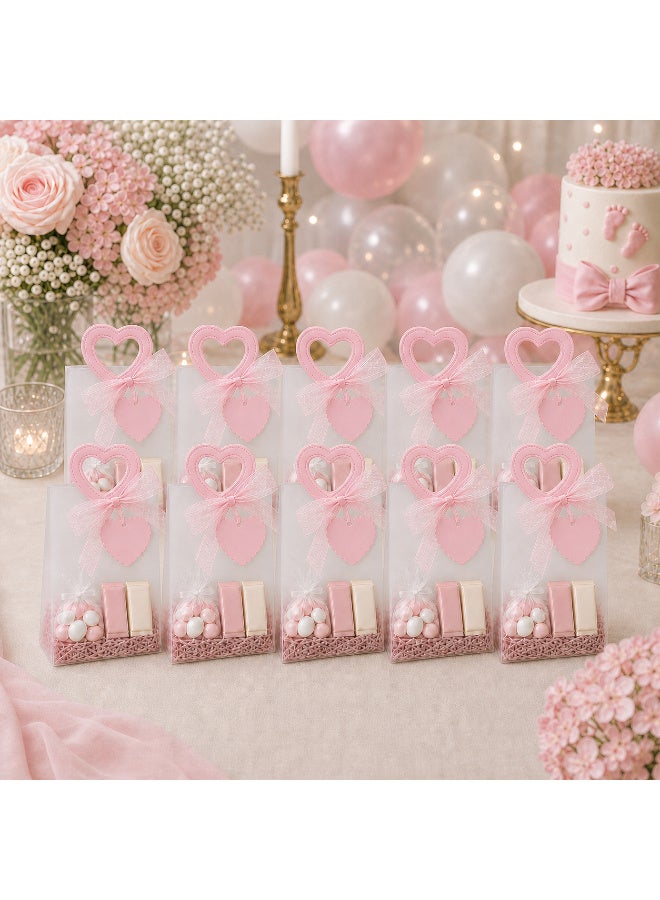 KeyAmor 10 Piece Transparent Matte Gift Bags Set with Heart Shape Pink Leather Handles Ribbon Tags Rope and Raffia Grass 14 x 7 x 16 cm - Image 4