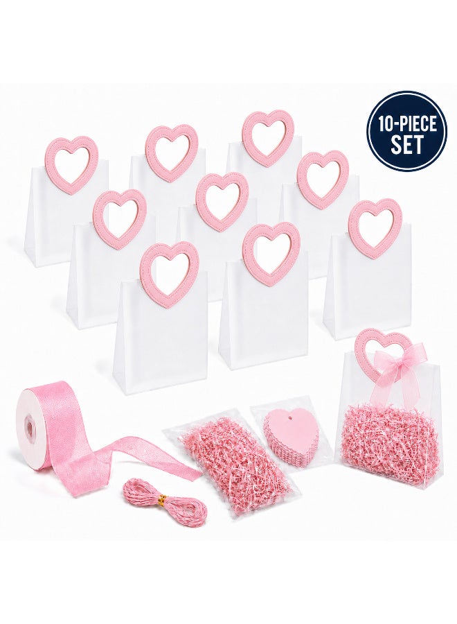 KeyAmor 10 Piece Transparent Matte Gift Bags Set with Heart Shape Pink Leather Handles Ribbon Tags Rope and Raffia Grass 14 x 7 x 16 cm - Image 1