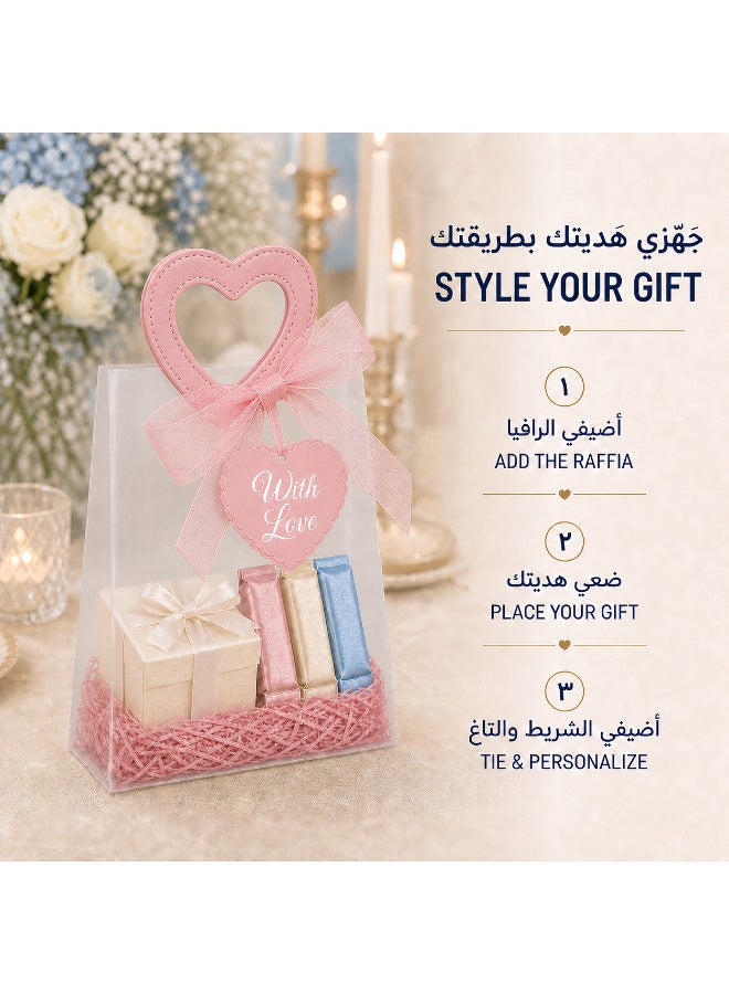 KeyAmor 10 Piece Transparent Matte Gift Bags Set with Heart Shape Pink Leather Handles Ribbon Tags Rope and Raffia Grass 14 x 7 x 16 cm - Image 5