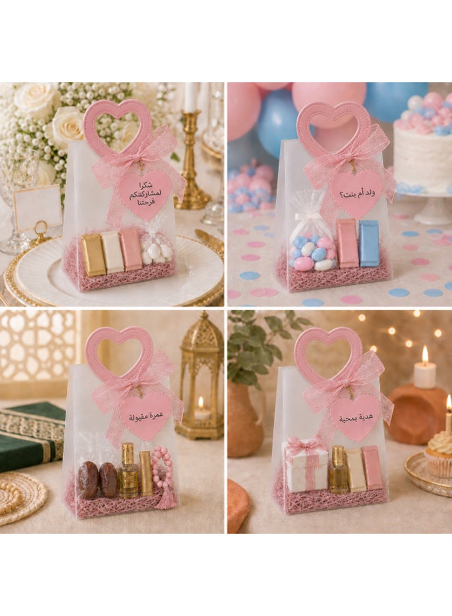KeyAmor 10 Piece Transparent Matte Gift Bags Set with Heart Shape Pink Leather Handles Ribbon Tags Rope and Raffia Grass 14 x 7 x 16 cm - Image 3