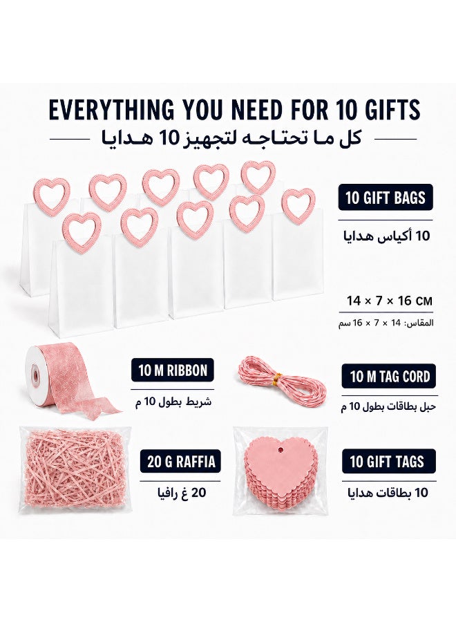 KeyAmor 10 Piece Transparent Matte Gift Bags Set with Heart Shape Pink Leather Handles Ribbon Tags Rope and Raffia Grass 14 x 7 x 16 cm - Image 2