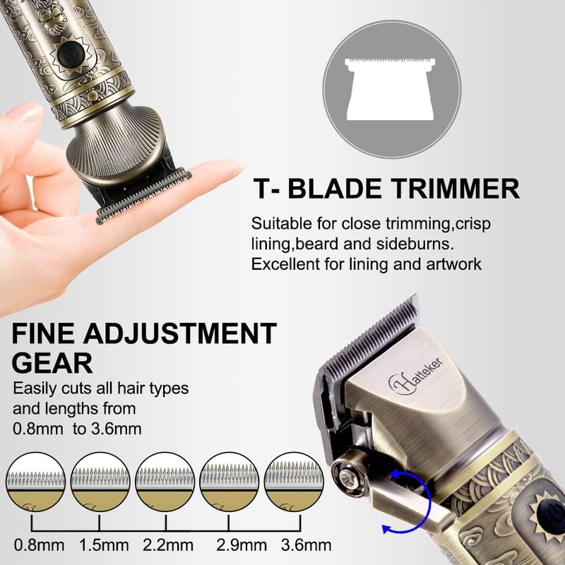 Hatteker Professional Hair Clipper and T-Blade Trimmer Set for Men, Cordless Rechargeable Barber Clipper Beard Nose Hair Trimmer Multipurpose Grooming Kit LED Display(Gold) - Image 5