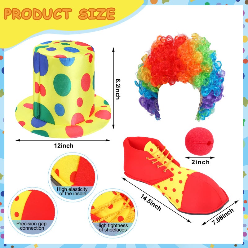 Funtery 6 Pcs Adult Clown Costume Red Clown Nose Shoes Hat Rainbow Wig and Gloves for Men Women Cosplay(2XL) - Image 3