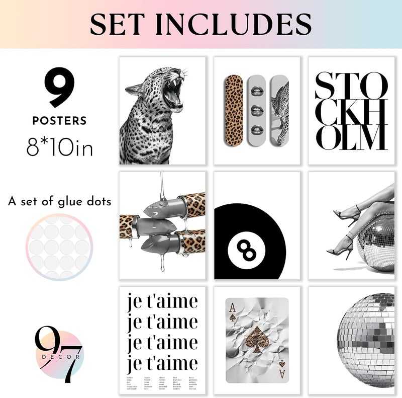 97 Decor 9 Pcs Trendy Leopard Wall Art - Cheetah Pictures Wall Decor For Bedroom, Stockholm Posters For Room Aesthetic, Funky Art Prints For College Girls Dorm Decorations (8x10 Unframed) - Image 2