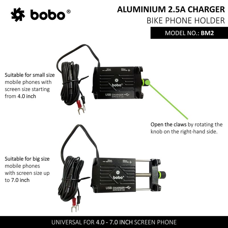 Bobo BM2 Aluminium Waterproof Bike/Motorcycle/Scooter Mobile Phone Holder Mount with 2.5A USB Charger, Ideal for Maps and GPS Navigation (Black) - Image 3