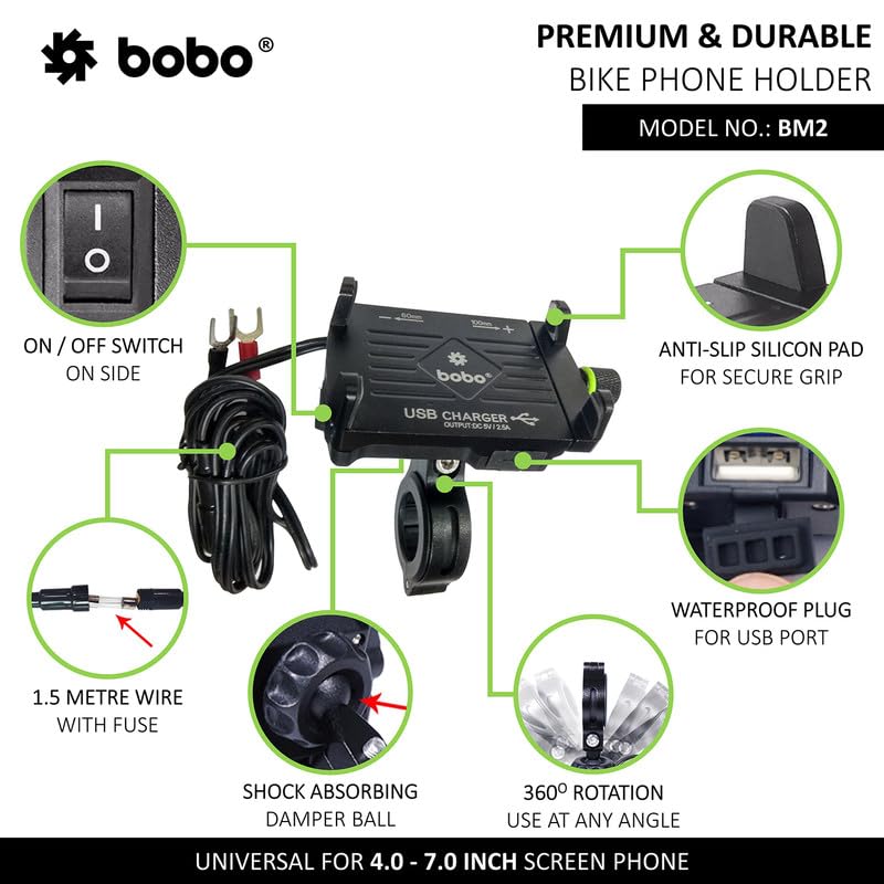 Bobo BM2 Aluminium Waterproof Bike/Motorcycle/Scooter Mobile Phone Holder Mount with 2.5A USB Charger, Ideal for Maps and GPS Navigation (Black) - Image 2