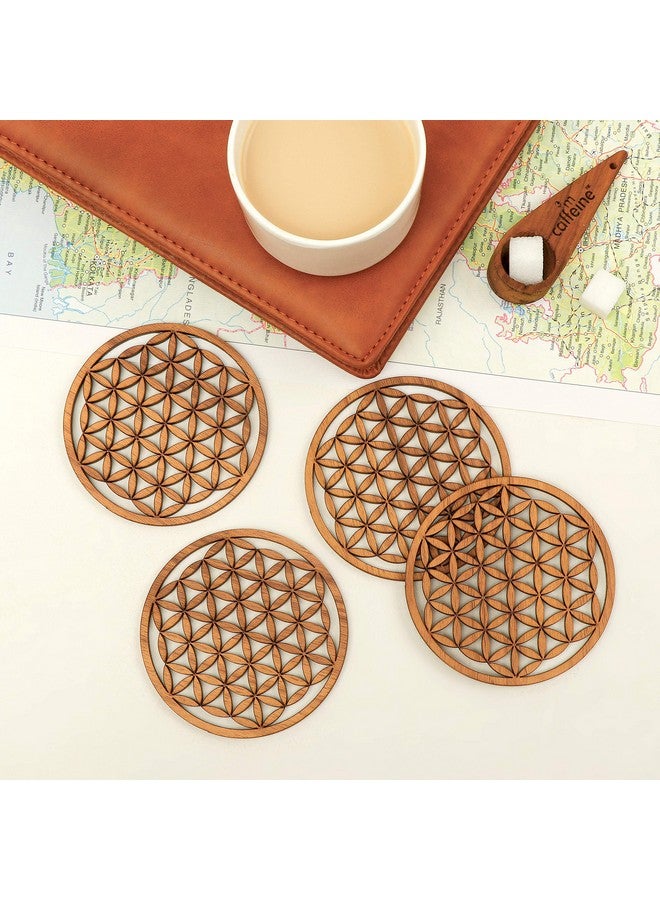 DULI™ Laser Cut MDF Wooden Coasters for Tea Coffee (Set of 4) (Floral Design) - Image 1