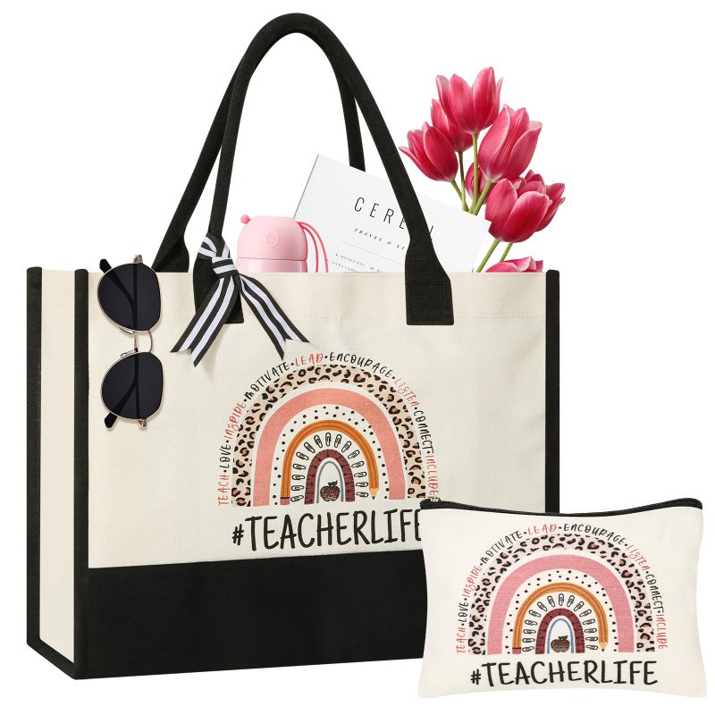 Tecanne Teacher Gifts for Women, Canvas Tote Bag with Makeup Bag, Beach Bag with Zipper, Christmas Thank You Teacher Appreciation Gift from Student - Image 1