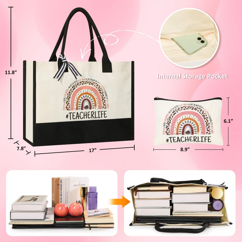 Tecanne Teacher Gifts for Women, Canvas Tote Bag with Makeup Bag, Beach Bag with Zipper, Christmas Thank You Teacher Appreciation Gift from Student - Image 4