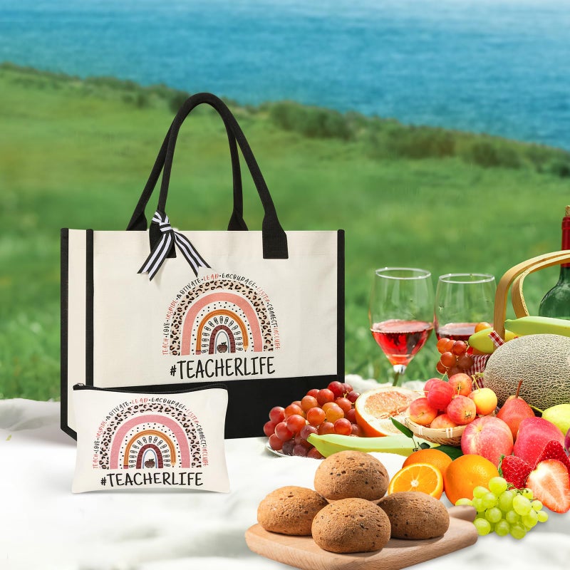 Tecanne Teacher Gifts for Women, Canvas Tote Bag with Makeup Bag, Beach Bag with Zipper, Christmas Thank You Teacher Appreciation Gift from Student - Image 3