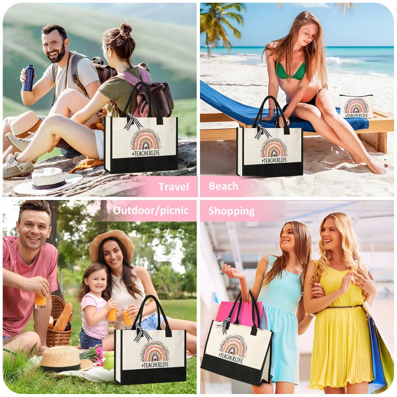 Tecanne Teacher Gifts for Women, Canvas Tote Bag with Makeup Bag, Beach Bag with Zipper, Christmas Thank You Teacher Appreciation Gift from Student - Image 5