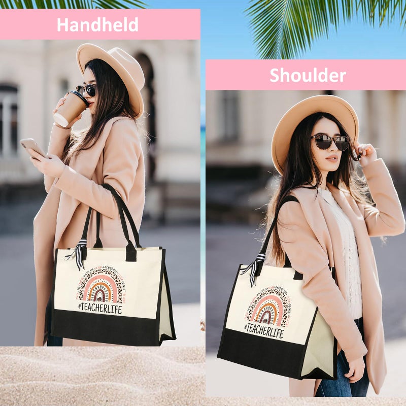 Tecanne Teacher Gifts for Women, Canvas Tote Bag with Makeup Bag, Beach Bag with Zipper, Christmas Thank You Teacher Appreciation Gift from Student - Image 2