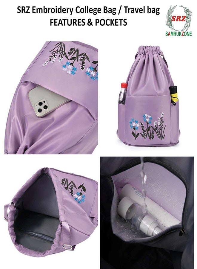 SAMRUKZONE SRZ College bag for girls School Bag for Girls Backpack for women Travel Bag Gym bag for women College bag Drawstring Bag Embriodary Bag (Lavender - Pack of 1) - Image 3