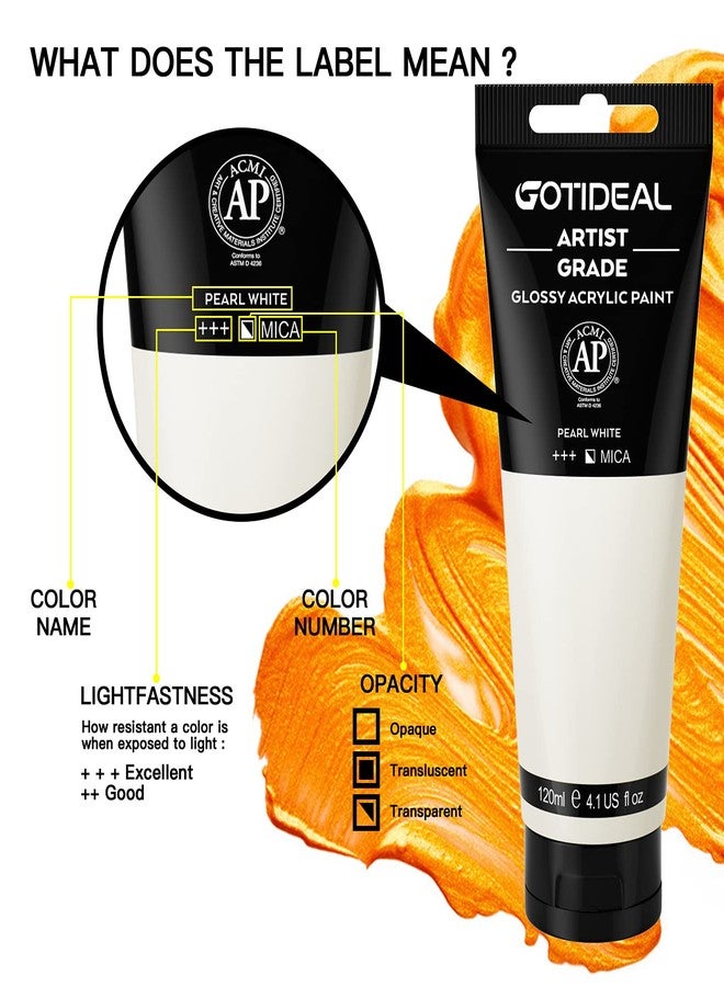 GOTIDEAL Metallic Acrylic Paint Pearl White Tubes(120ml, 4.1 oz) Non Toxic Non Fading,Rich Pigments for Painters, Adults & Kids, Ideal for Canvas Wood Clay Fabric Ceramic Craft Supplies (Pearl White) - Image 2