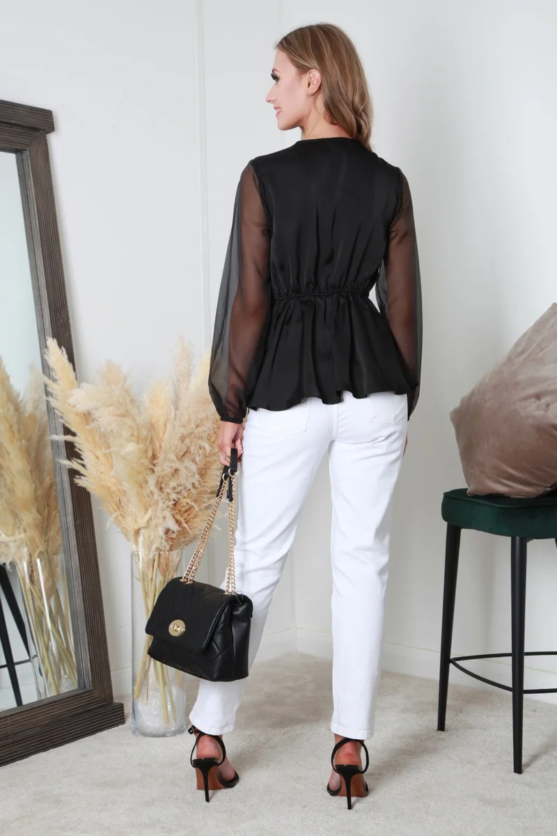 Double Second Black Wrap Frill Front Satin Top for Women | Best Price UAE