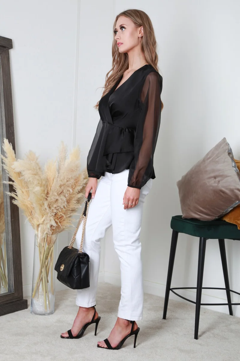 Double Second Black Wrap Frill Front Satin Top for Women | Best Price UAE