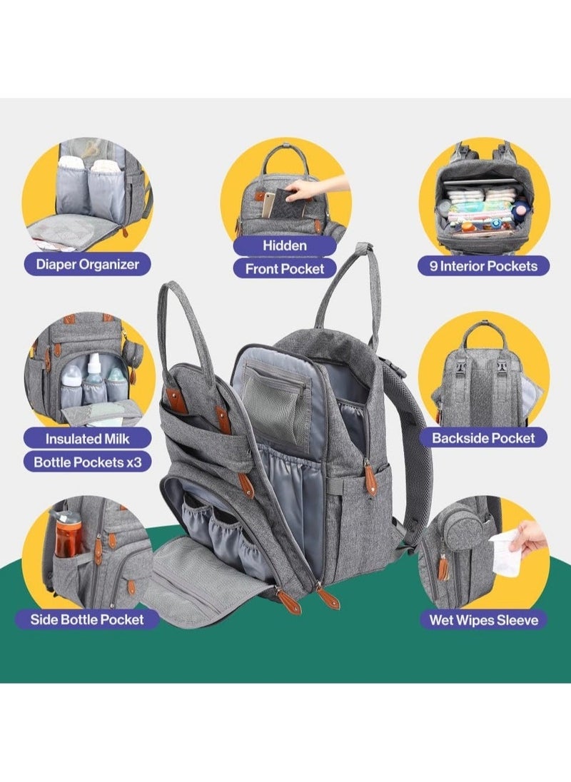BabbleRoo Multifunctional Waterproof Diaper Bag, Essential Travel Baby Tote with Changing Pad, Baby Carrier and Pacifier Cover - Unisex, Dark Grey - Image 2