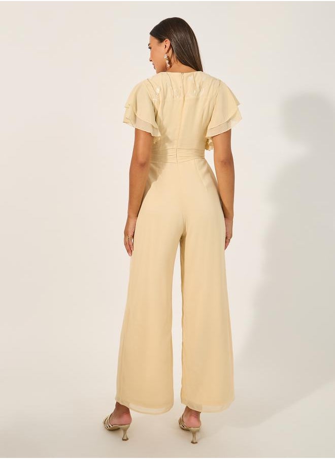 Styli Embroidered Layered Ruffled Sleeves Wide Leg Jumpsuit  - Image 5