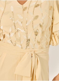 Styli Embroidered Layered Ruffled Sleeves Wide Leg Jumpsuit  - Image 4